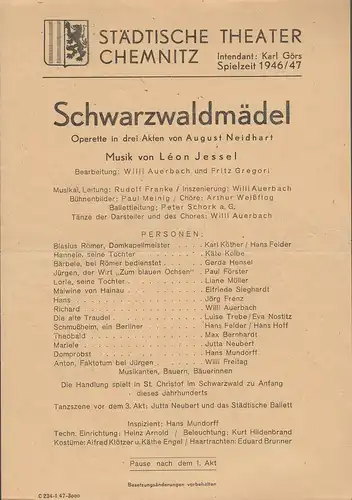 Städtische Theater Chemnitz, Karl Görs: Theaterzettel Leon Jessel SCHWARZWALDMÄDEL Spielzeit 1946 / 47. 