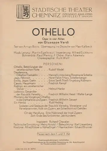 Städtische Theater Chemnitz, Karl Görs: Theaterzettel Giuseppe Verdi OTHELLO Spielzeit 1949 / 50. 