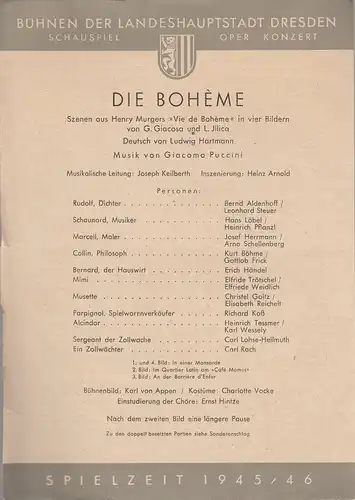 Bühnen der Landeshauptstadt Dresden, Wolf Goette: Theaterzettel Giacomo Puccini DIE BOHEME Spielzeit 1945 / 46. 