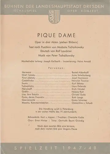 Bühnen der Landeshauptstadt Dresden, Herbert Trantow: Theaterzettel Peter Tschaikowsky PIQUE DAME Spielzeit 1947 / 48. 