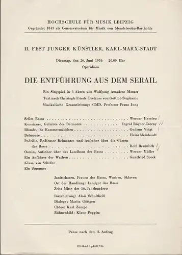 Hochschule für Musik Leipzig: Theaterzettel Wolfgang Amadeus Mozart DIE ENTFÜHRUNG AUS DEM SERAIL 26. Juni 1956 Opernhaus Karl-Marx-Stadt. 