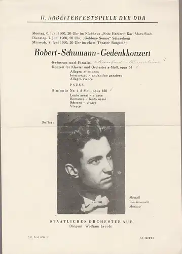 II. Arbeiterfestspiele der DDR: Theaterzettel ROBERT-SCHUMANN-GEDENKKONZERT 6. Juni 1960 Klubhaus Fritz Heckert Karl-Marx-Stadt. 