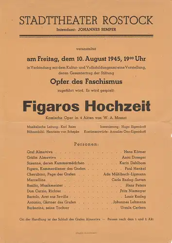 Stadttheater Rostock, Johannes Semper: Theaterzettel W. A. Mozart FIGAROS HOCHZEIT 10. August 1945. 