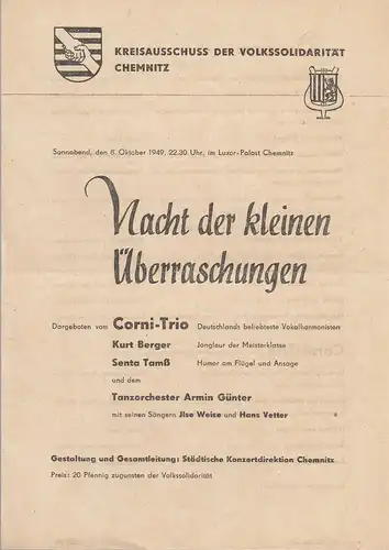 Städtische Konzertdirektion Chemnitz: Theaterzettel NACHT DER KLEINEN ÜBERRASCHUNGEN 8. Oktober 1949 Luxor-Palast Chemnitz. 