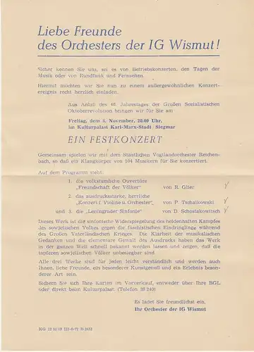 Orchester IG Wismut: Theaterzettel EIN FESTKONZERT 8. November 1963 Kulturpalast Karl-Marx-Stadt / Siegmar. 