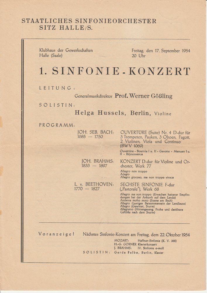 Staatliches Sinfonieorchester Sitz Halle Programmheft Sinfonie