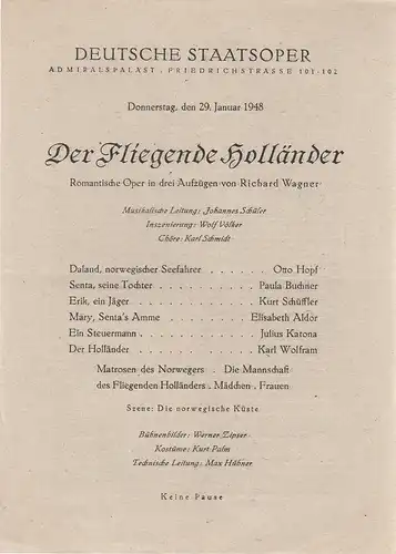 Deutsche Staatsoper Admiralspalast: Programmheft Richard Wagner DER FLIEGENDE HOLLÄNDER 29. Januar 1948. 