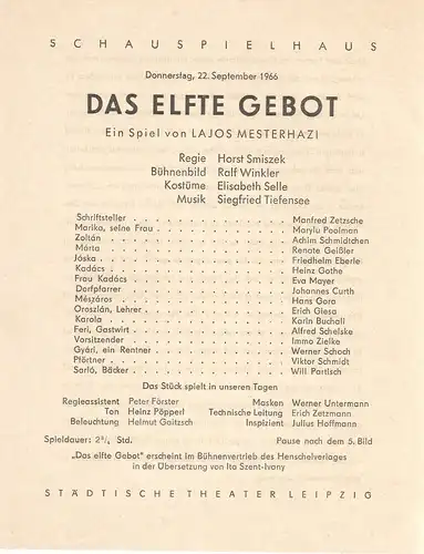 Städtische Theater Leipzig: Theaterzettel Lajos Mesterhazi DAS ELFTE GEBOT 22. September 1966 Schauspielhaus. 