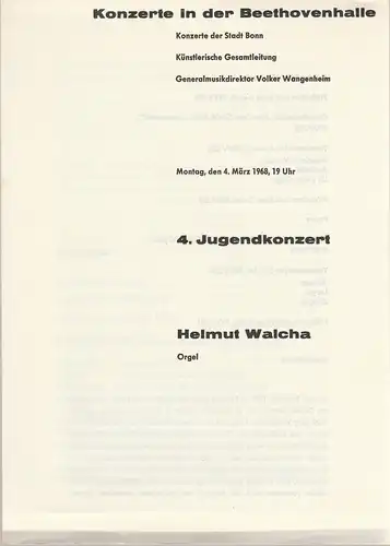 Konzerte der Stadt Bonn: Programmheft KONZERTE IN DER BEETHOVENHALLE  4. JUGENDKONZERT 4. März 1968. 