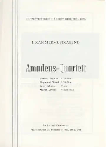Konzertdirektion Robert Streiber Kiel: Programmheft 1. KAMMERMUSIKABEND 18. September 1963 Reichshallentheater Kiel. 