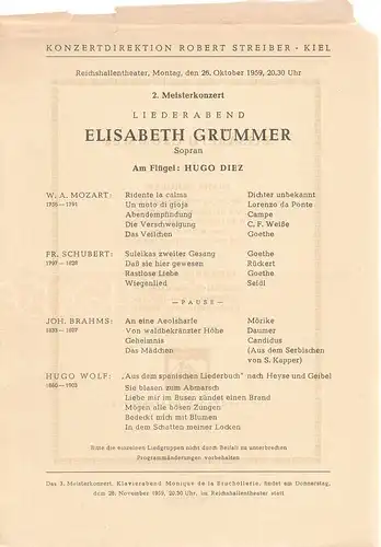 Konzertdirektion Robert Streiber, Kiel: Theaterzettel 2. MEISTERKONZERT ELISABETH GRÜMMER 26. Oktober 1959 Reichshallentheater Kiel. 