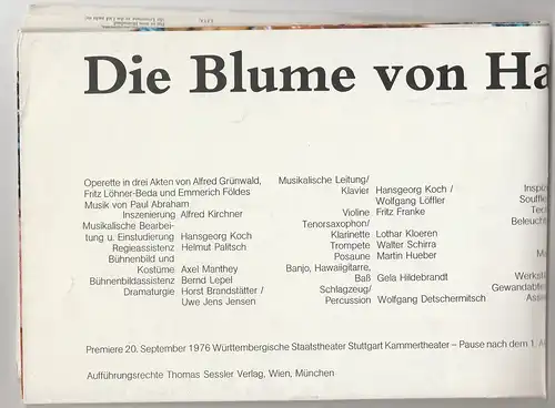 Württembergische Staatstheater Stuttgart: Programmheft Paul Abraham DIE BLUME VON HAWAI Premiere 20. September 1976 Kammertheater. 