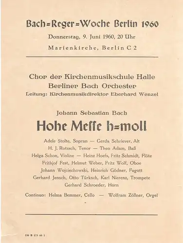 Marienkirche Berlin: Theaterzettel Johann Sebastian Bach HOHE MESSE h-MOLL 9. Juni 1960 Marienkirche Berlin. 