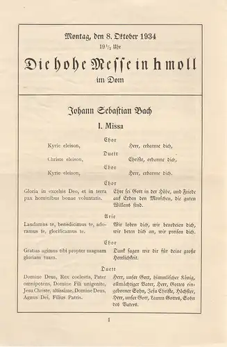 Bremer Dom: Programmheft Johann Sebastian Bach DIE HOHE MESSE IN h MOLL 8. Oktober 1934 Bremer Dom. 
