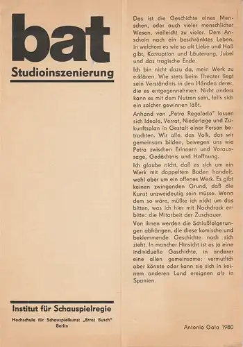 bat Studiotheater des Instituts für Schauspielregie, Hochschule für Schauspielkunst Ernst Bloch Berlin, Werner Heinitz, Wolfhard Theile: Programmheft Antonio Gala DIE HEILIGE HURE 1984. 