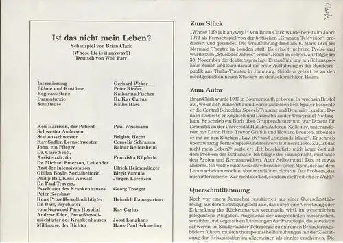 Stadttheater Pforzheim, Manfred Berben, Kay Carius, Sabine Haymann ( Titelfoto ): Programmheft Brian Clark IST DAS NICHT MEIN LEBEN ? Premiere 13. September 1981. 