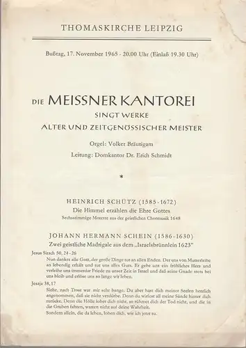 Meissner Kantorei: Programmheft DIE MEISSNER KANTOREI SINGT WERKE ZEITGENÖSSISCHER MEISTER 17. November 1965 Thomaskirche Leipzig. 