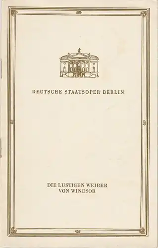 Deutsche Staatsoper, Günter Rimkus, Renate Jessel: Programmheft Otto Nikolai DIE LUSTIGEN WEIBER VON WINDSOR 3. September 1960. 