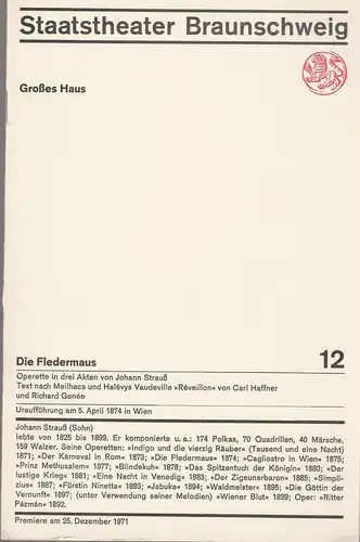 Staatstheater Braunschweig, Hans Peter Doll, Heinz H. Rosenthal, Alek Pohl, Herbert J. E. Fischer: Programmheft Johann Strauß DIE FLEDERMAUS Premiere 25. Dezember 1971 Heft 12. 