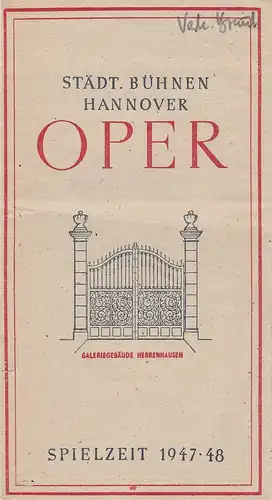 Städtische Bühnen Hannover, Städtisches Reklameamt Hannover: Programmheft Friedrich Semtana DIE VERKAUFTE BRAUT 19. März 1948 Spielzeit 1947 / 48. 