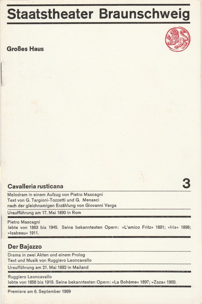 Staatstheater Braunschweig Hans Peter Doll Alek Pohl Heinz H Rosenthal Burkhard Heinrichsen Programmheft Mascagni Leoncavallo Cavalleria Rus