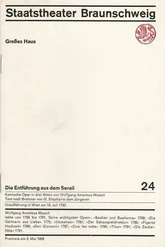 Staatstheater Braunschweig, Hans Peter Doll, Horst Statkus, Heinz H. Rosenthal, Burkhard Heinrichsen, Karl-Ernst Herrmann: Programmheft Wolfgang Amadeus Mozart DIE ENTFÜHRUNG AUS DEM SERAIL Premiere 3. Mai 1969 Großes Haus Heft 24. 