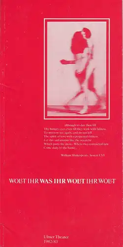 Ulmer Theater, Volkmar Clauß, Wilhelm Lades: Programmheft William Shakespeare: WAS IHR WOLLT. Premiere 9. Oktober 1982 Spielzeit 1982 / 83. 