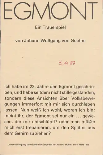 Deutsches Theater Berlin, Staatstheater der DDR, Dieter Mann, Helmut Rabe, Hans-Martin Rahner, Heinz Rohloff: Programmheft Johann Wolfgang von Goethe EGMONT Spielzeit 1985 / 86. 