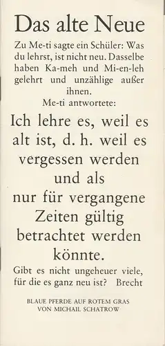 Berliner Ensemble, Staatstheater der Deutschen Demokratischen Republik, Manfred Wekwerth, Bäbel Jaksch, Heinz Joswiakowski, Thomas Rorh, Karl-Heinz Drescher: Programmheft Michail Schatrow BLAUE PFERDE AUF ROTEM GRAS  Premiere 3. Oktober 1980. 