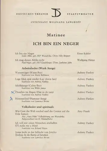 Deutsches Theater Staatstheater, Wolfgang Langhoff: Programmheft MATINEE ICH BIN EIN NEGER 1957. 