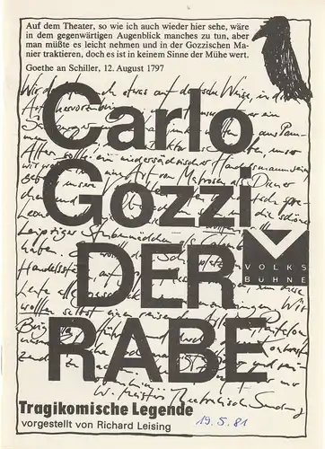 Volksbühne Berlin, Rosa Luxemburg Platz, Fritz Rödel, Berndt Renne, Elke Tasche, Bernd Frank: Programmheft Carlo Gozzi DER RABE Spielzeit 1980 / 81. 