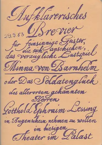 Theater im Palast, Vera Oelschlegel, Manfred Haacke / Christina Schumann: Programmheft Lessing MINNA VON BARNHELM Premiere 6. Mai 1983 8. Spielzeit 1983. 