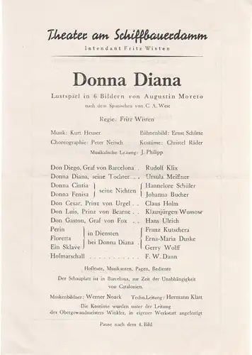 Theater am Schiffbauerdamm, Fritz Wisten: Theaterzettel Augustin Moreto DONNA DIANA 1950. 