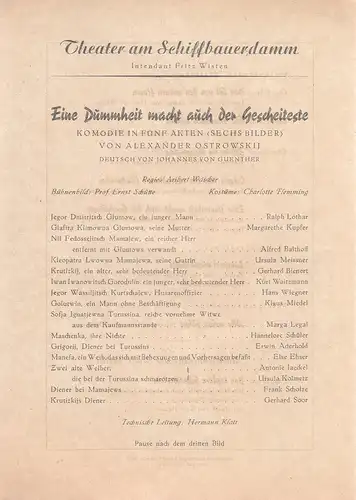 Theater am Schiffbauerdamm, Fritz Wisten: Theaterzettel Alexander Ostrowski EINE DUMMHEIT MACHT AUCH DER GESCHEITESTE 1948. 