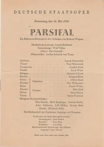 Deutsche Staatsoper: Programmheft Richard Wagner PARSIFAL 18. Mai 1950. 