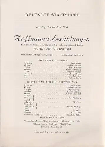 Deutsche Staatsoper: Theaterzettel Jacques Offenbach HOFFMANNS ERZÄHLUNGEN 15. April 1951. 