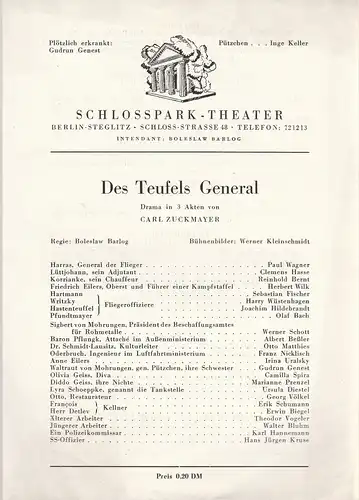 Schloßpark-Theater, Borislaw Barlog: Theaterzettel Carl Zuckmayer DES TEUFELS GENERAL Premiere 14. Juli 1948. 