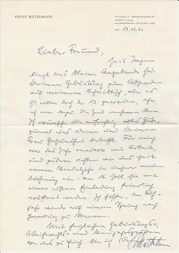 Metelmann Ernst: Handschriftlicher Brief von Ernst Metelmann auf seinem Briefpapier, datiert 13.12.1962. 