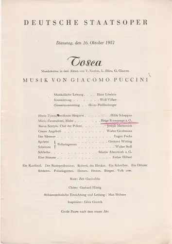 Deutsche Staatsoper: Theaterzettel Giacomo Puccini TOSCA 16. Oktober 1951. 