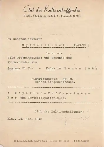 Club der Kulturschaffenden, Berlin: Einladungszettel CLUB DER KULTURSCHAFFENDEN SYLVESTERBALL 1948 / 49. 