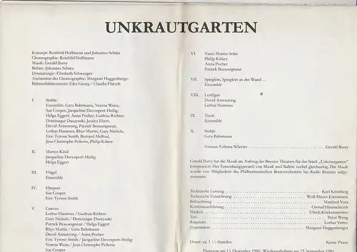 Theater der Freien Hansestadt Bremen, Arno Wüstenhöfer, Elisabeth Schweeger, Johannes Schütz, Klaus Lefebvre: Programmheft BALLETT IM CONCORDIA REINHILD HOFFMANN UNKRAUTGARTEN Premiere 13. Dezember 1980. 