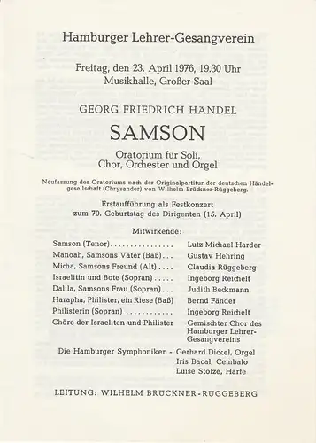 Hamburger Lehrer-Gesangverein: Theaterzettel Georg Friedrich Händel SAMSON 23. April 1976 Musikhalle Großer Saal. 