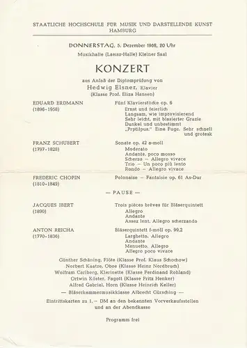 Staatliche Hochschule für Musik und Darstellende Kunst Hamburg: Theaterzettel KONZERT AUS ANLAß DER DIPLOMPRÜFUNG VON HEDWIG ELSNER Klavier 5. Dezember 1968 Musikhalle Kleiner Saal. 