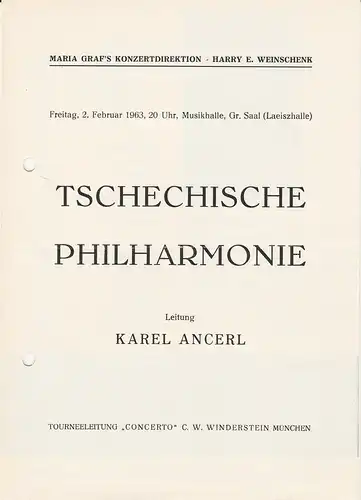 Maria Graf's Konzertagentur Harry E. Weinschenk: Programmheft TSCHECHISCHE PHILHARMONIE KAREL ANCERL 2. Februar 1963 Musikhalle Großer Saal. 