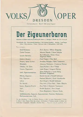 Volksoper Dresden, Emil Grotzinger: Theaterzettel Johann Strauß DER ZIGEUNERBARON 1947. 