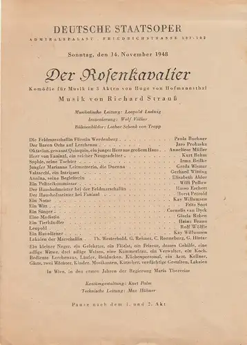 Deutsche Staatsoper: Theaterzettel Richard Strauß DER ROSENKAVALIER 14. November 1948 Admiralspalast. 