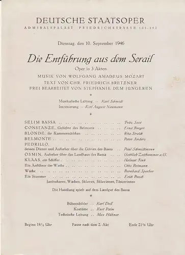 Deutsche Staatsoper: Theaterzettel Wolfgang Amadeus Mozart DIE ENTFÜHRUNG AUS DEM SERAIL 10. September 1946 Admiralspalast. 