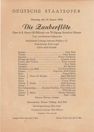 Deutsche Staatsoper: Theaterzettel Wolfgang Amadeus Mozart DIE ZAUBERFLÖTE 24. Januar 1950. 