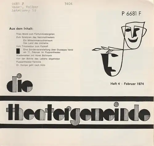 Theatergemeinde für das Nationaltheater Mannheim: Blätter der Theatergemeinde für das Nationaltheater Mannheim Heft 4 Februar 1974. 