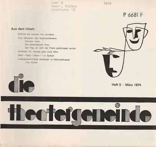 Theatergemeinde für das Nationaltheater Mannheim: Blätter der Theatergemeinde für das Nationaltheater Mannheim Heft 5 März 1974. 